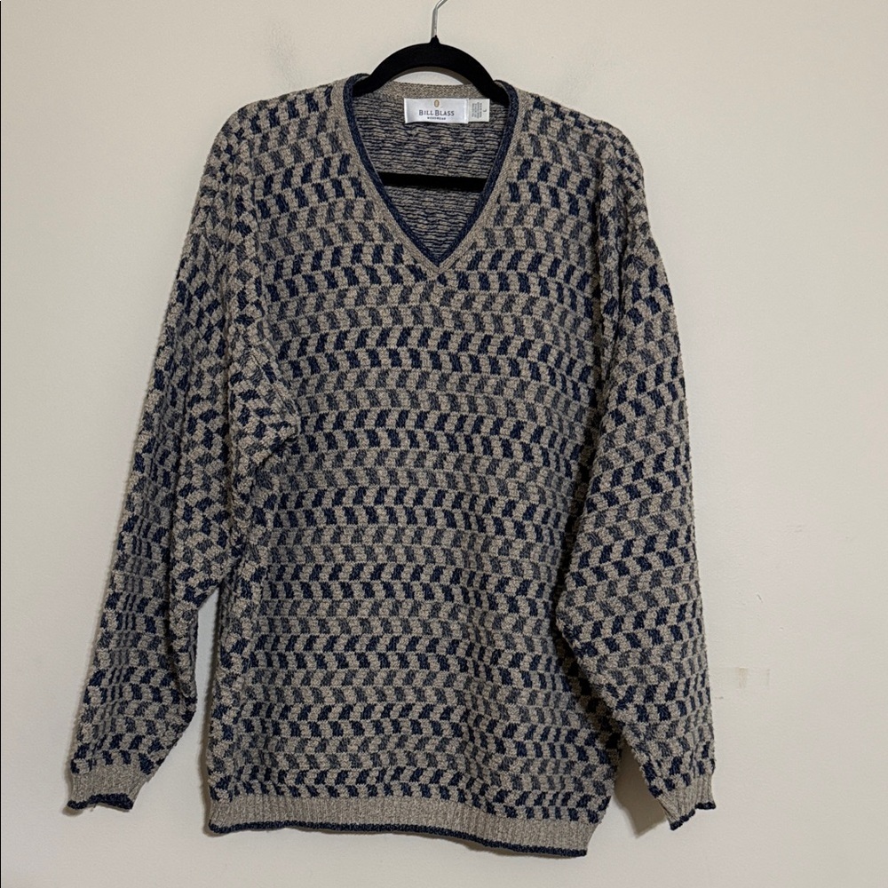 Vintage Bill Blass V-Neck knit Sweater Blue Gray checkered men L grandpa Y2K